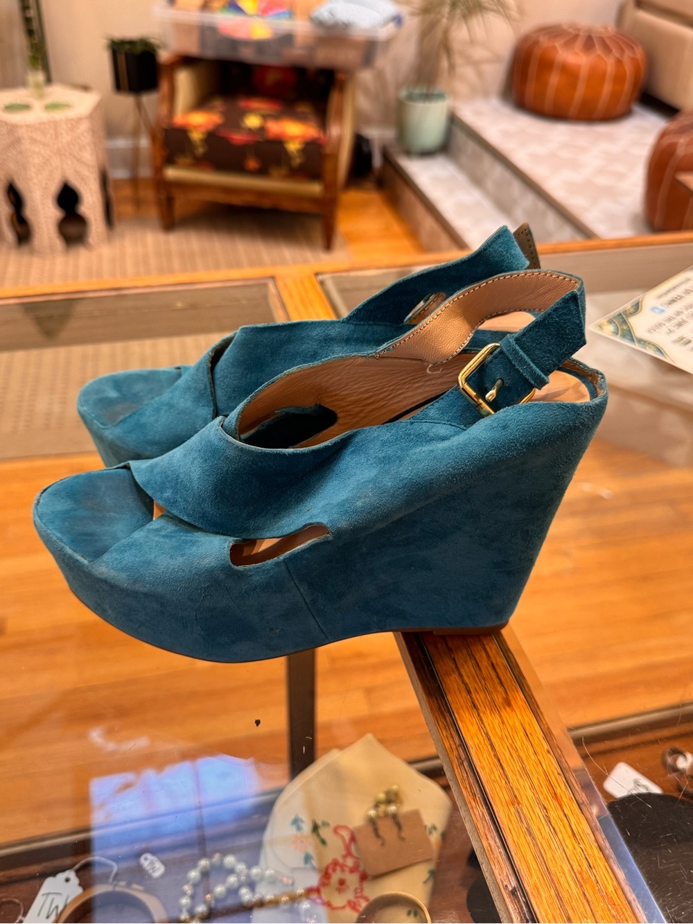 Dolce Vita Teal Suede Crisscross Wedge Sandals - Picture 2 of 4